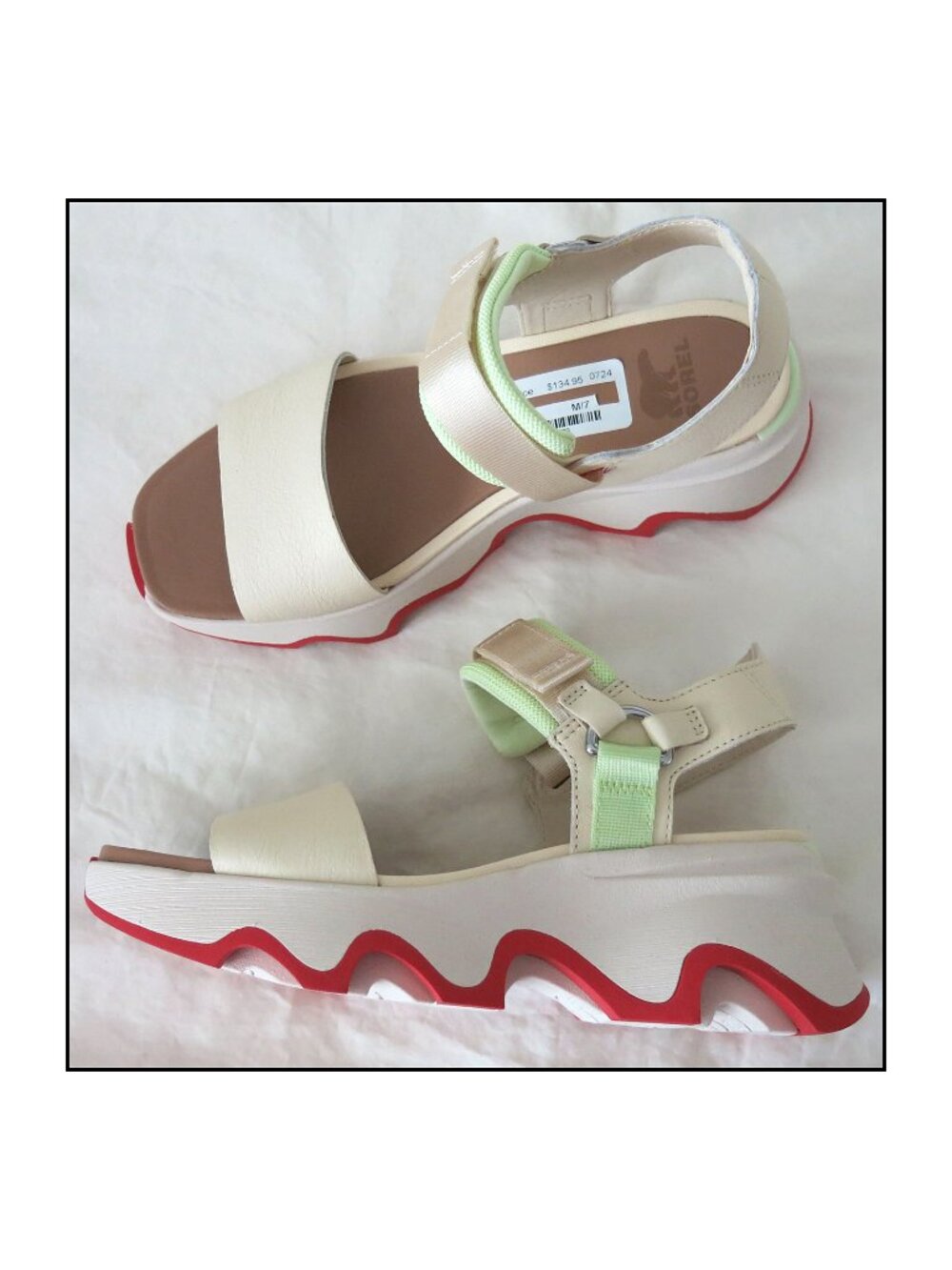 NWT $135  SOREL Kinetic Impact Y-Strap Wedge Sandals Honey White Luminous Lime 7